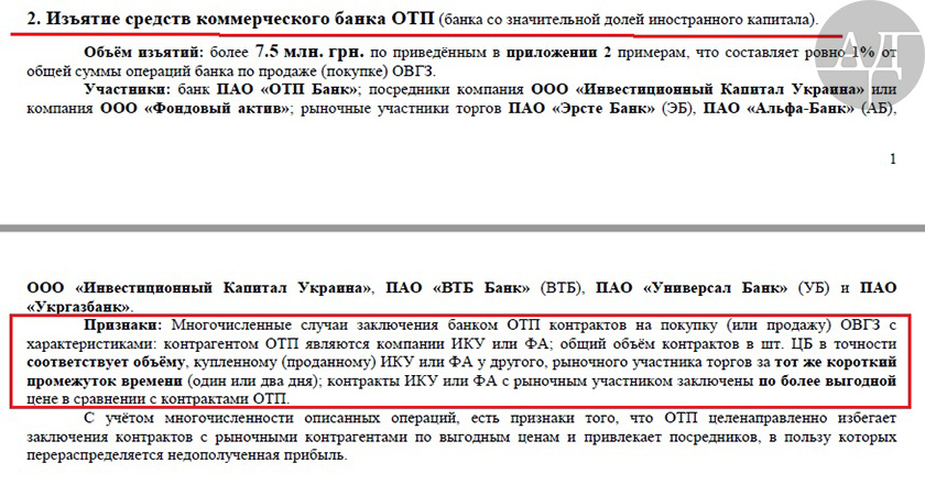 Изъятие средств коммерческого банка ОТП
